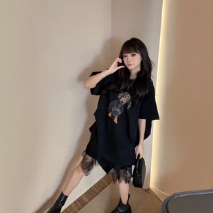 大码胖妹妹美式复古印花短袖T恤蕾丝不规则短裙独特绝美小套装女