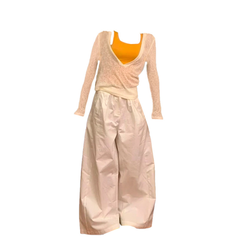 大码胖MM韩系减龄时尚套装夏季新款橘色内搭吊带背心深V领罩衫女