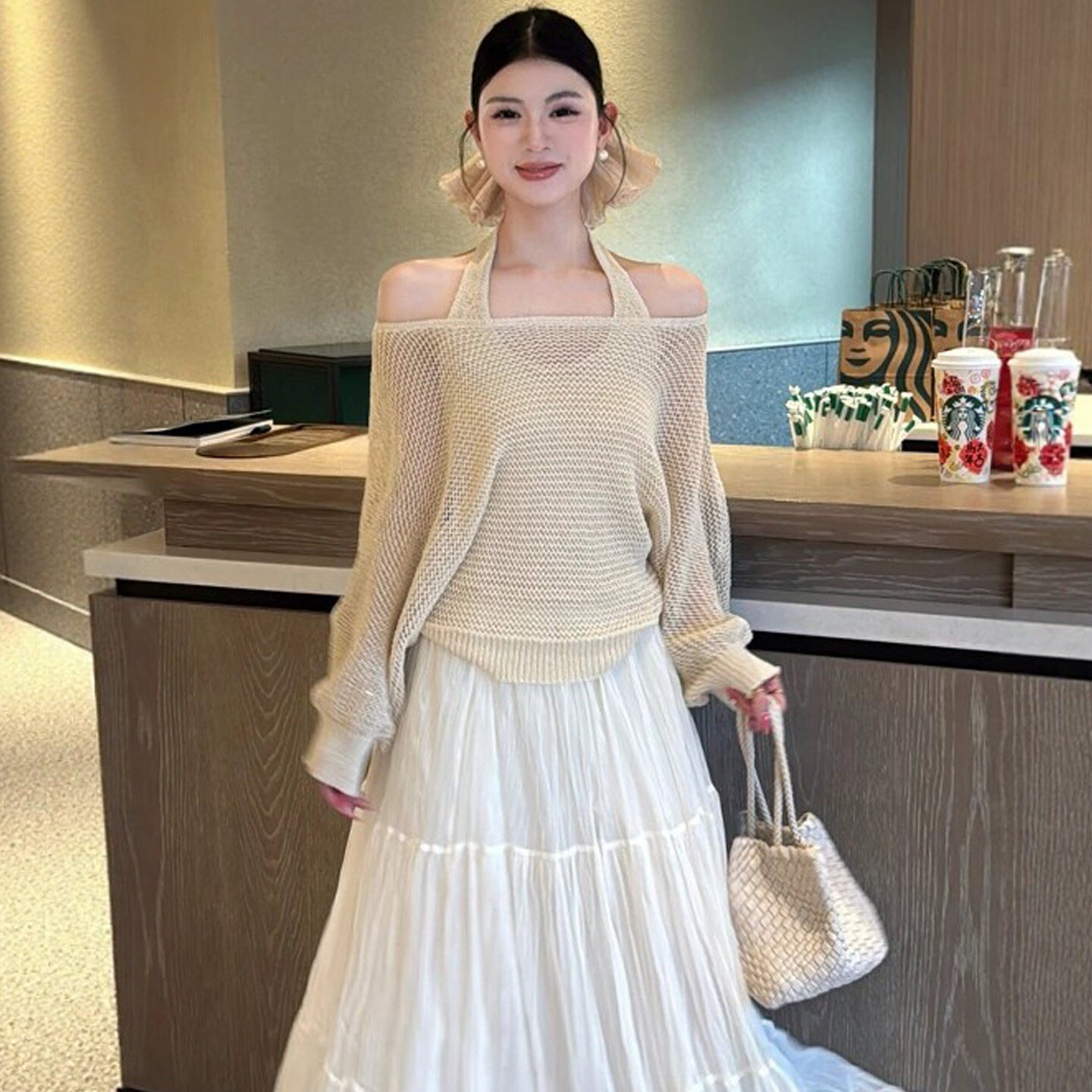 大码胖MM韩系温柔风减龄时尚套装女甜美露肩镂空针织罩衫吊带背心