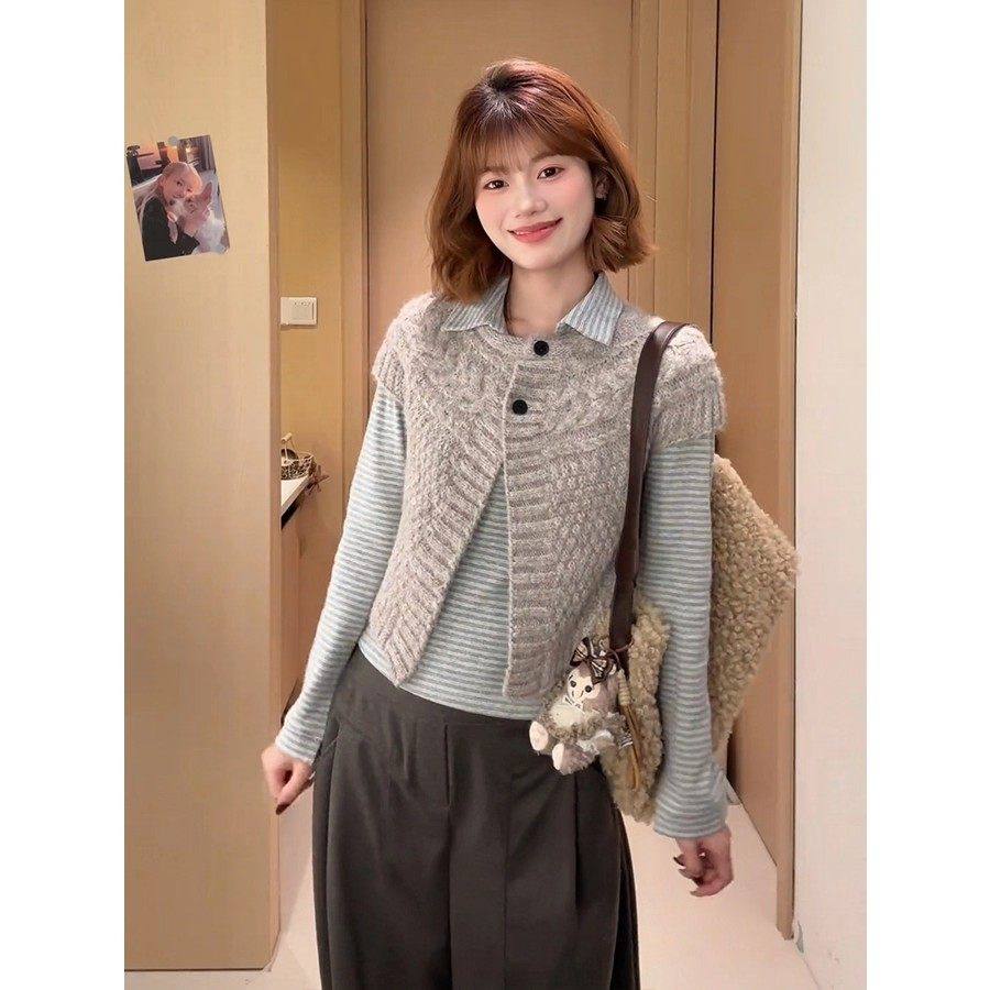 大码胖mm韩系高级感polo领条纹打底上衣女慵懒风百搭麻花针织马甲