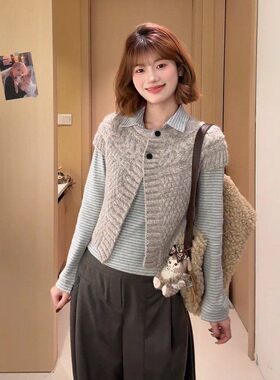 大码胖mm韩系高级感polo领条纹打底上衣女慵懒风百搭麻花针织马甲