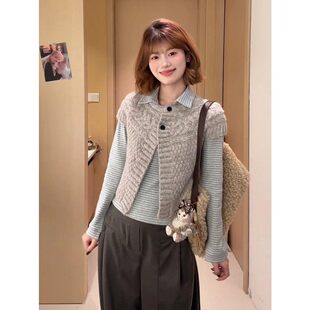 胖mm韩系高级感polo领条纹打底上衣女慵懒风百搭麻花针织马甲 大码