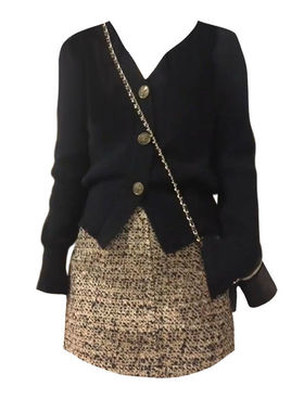 大码胖mm法式时尚气质黑色短款针织开衫女毛呢包臀半身裙秋季套装