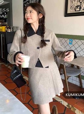 大码胖MM复古风灰色西装外套高腰半身裙女秋冬新款简约通勤两件套