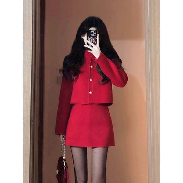 大码胖MM红色小香风套装女秋冬千金风毛呢外套半身裙高级感两件套,女装/女士精品,时尚套装,淘宝优惠券,粉丝福利购,淘宝优惠卷