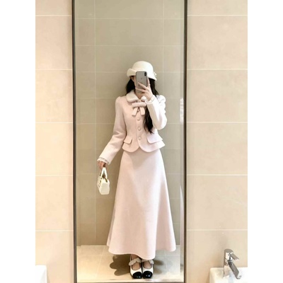 法式收腰百搭毛呢外套高腰半身裙