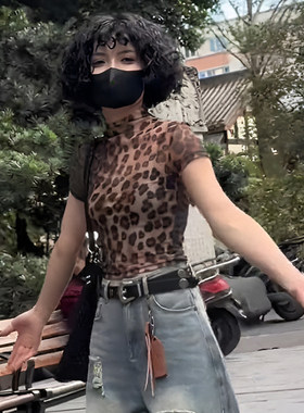 大码胖MM美式复古微透豹纹短袖t恤女新款修身个性潮流辣妹风上衣