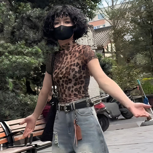 胖MM美式复古微透豹纹短袖t恤女