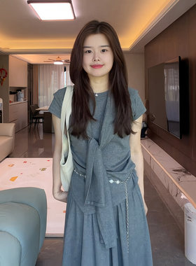 大码胖MM法式复古气质灰色上衣女夏季披肩巨显瘦遮肉半身裙三件套