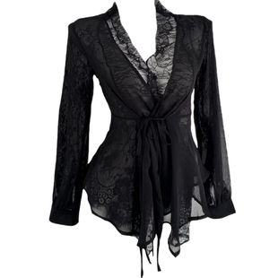 纯欲风性感V领蕾丝花边不规则显瘦衬衫 气质辣妹收腰绑带上衣 法式