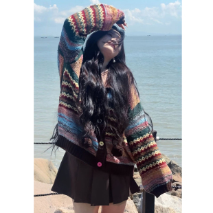 胖mm宽松显瘦针织衫 秋季 上衣潮 复古撞色条纹连帽毛衣外套女装 大码