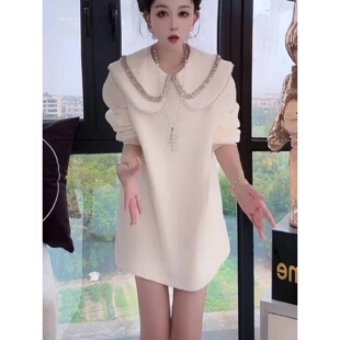 大码胖mm设计感镶钻娃娃领显瘦短款连衣裙女春季减龄百搭长袖裙子