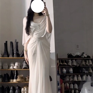 新款 高级感披肩连衣裙女夏季 气质白色收腰鱼尾长裙子 胖MM法式 大码