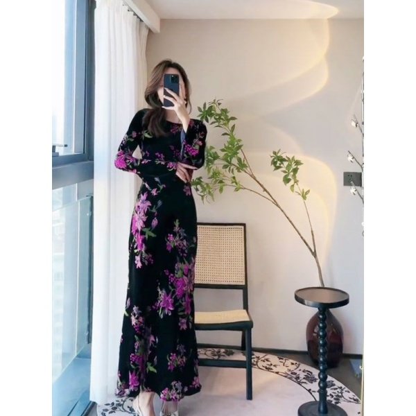 大码胖mm复古气质优雅花卉连衣裙女春季新款长袖修身显瘦黑色长裙,女装/女士精品,连衣裙,淘宝优惠券,粉丝福利购,淘宝优惠卷
