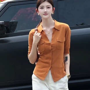 大码胖MM韩系复古POLO领五分袖针织衫女夏季新款修身显瘦百搭上衣