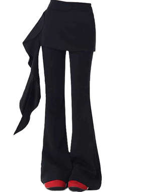 秋季新款设计感高腰修身显瘦微喇裤美式复古荷叶边黑色裤子两件套