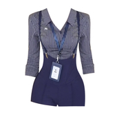 新款 夏季 高腰短款 背带裤 大码 套装 胖妹妹纯欲风POLO领条纹显瘦衬衫