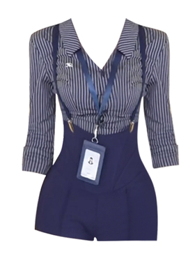 大码胖妹妹纯欲风POLO领条纹显瘦衬衫夏季新款高腰短款背带裤套装