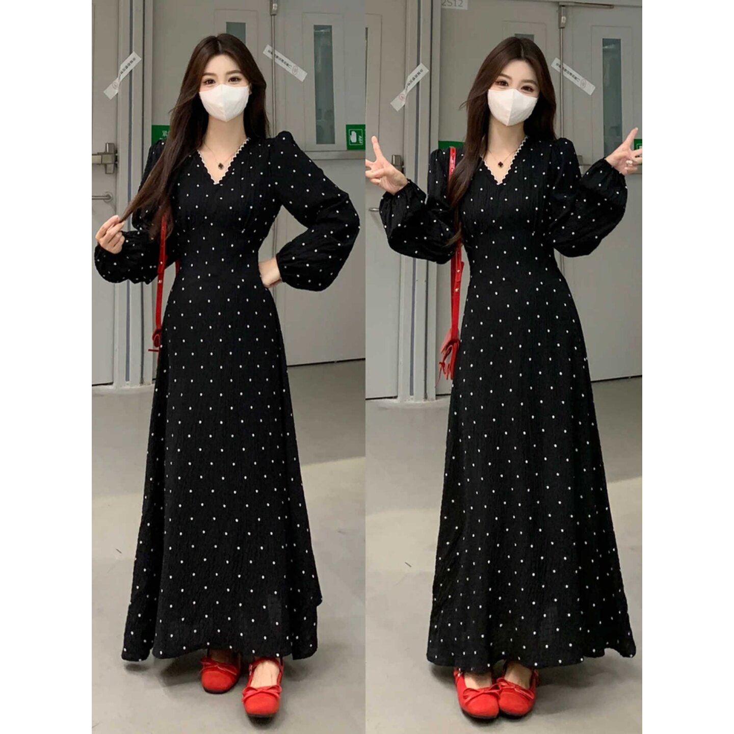 大码轻奢风高级感波点V领长袖连衣裙女胖mm秋季新款气质黑色长裙