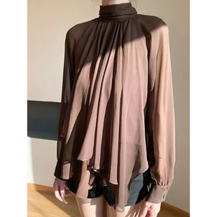 女春秋季 大码 衬衫 复古气质设计感荷叶边长袖 宽松显瘦上衣 胖mm法式