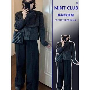 大码胖mm韩系黑色立领短款毛呢外套女春季新款不规则拼接呢子大衣