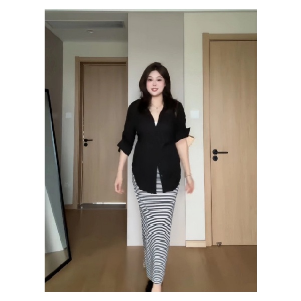 大码胖mm法式复古高级设计感V领修身绑带衬衫加半身裙时尚两件套