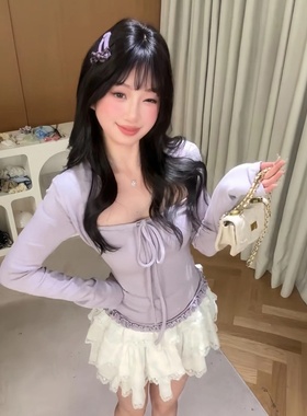 大码胖MM甜美风蝴蝶结绑带长袖T恤女纯欲紫色修身显瘦木耳边上衣