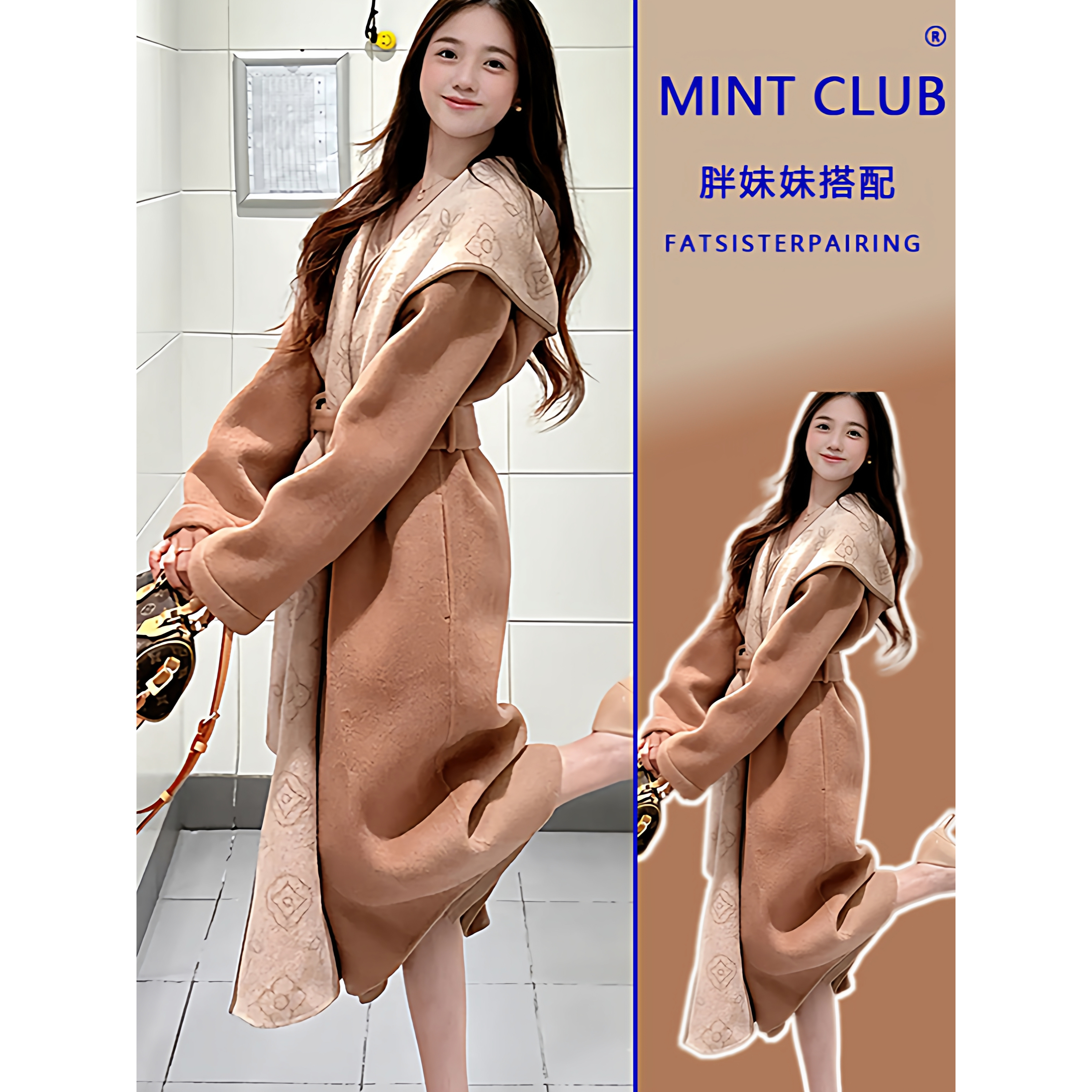 大码胖mm秋冬韩版高级感双面穿印花系带收腰简约宽松毛呢外套女装