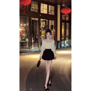 秋季 大码 套装 纯欲时尚 一字肩针织毛衣显瘦半身裙两件套女 胖mm法式