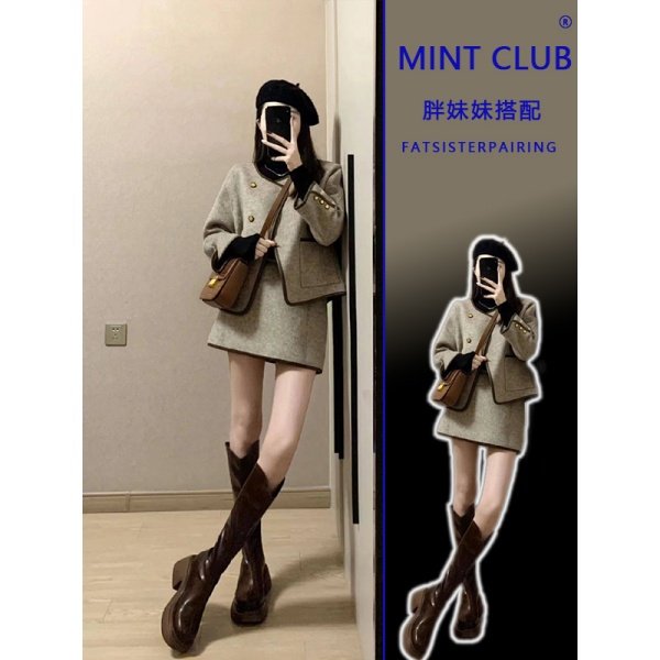 大码胖MM法式复古圆领百搭毛呢外套春季新款高腰百搭A字半身裙女,女装/女士精品,时尚套装,淘宝优惠券,粉丝福利购,淘宝优惠卷