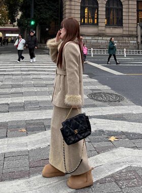 大码胖MM女装毛毛加绒加厚外套冬季宽松显瘦半身裙套装遮肉两件套