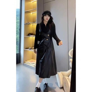 大码胖MM美式长袖背心连衣裙女春秋季显瘦翻领衬衫百搭皮裙两件套