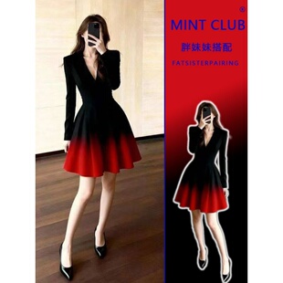 大码胖MM法式新年战袍气质御姐重要场合的黑红渐层V领收腰连衣裙