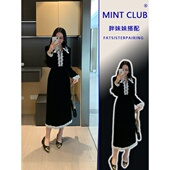 新款 大码 胖mm春季 气质翻领显瘦长裙设计感蕾丝拼接收腰绝美连衣裙