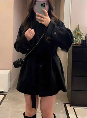 大码胖mm法式时尚感收腰毛呢外套女秋冬新款黑色百搭显瘦呢子大衣