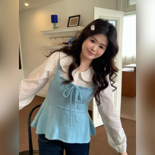 小众上衣套装 春季 胖mm韩系叠穿两件套女针织背心马甲波点衬衫 大码