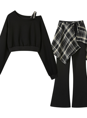 大码胖mm韩系时尚休闲气质套装女短款卫衣屁帘微喇长裤休闲三件套