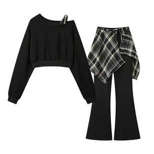 大码胖mm韩系时尚休闲气质套装女短款卫衣屁帘微喇长裤休闲三件套