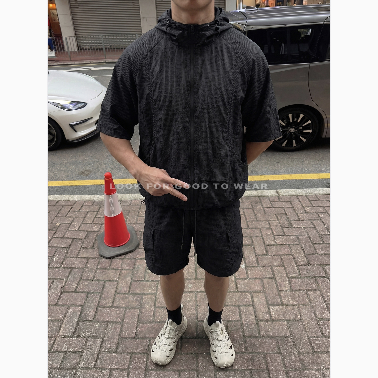 LFG 潮牌夏季新款连帽短袖短裤男运动户外潮流宽松情侣套装外套