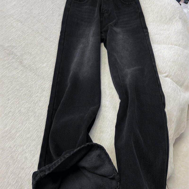 加绒加厚阔腿牛仔裤女秋2026新款大码胖mm高腰显瘦窄版直筒裤子