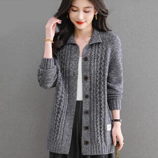 中长款针织开衫女秋新款扭花毛衣外套宽松韩版高级感外搭加厚