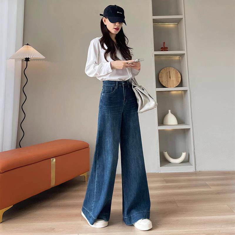 美式怀旧蓝大阔腿微喇牛仔裤女春夏季2026年新款高腰宽松拖地裤子