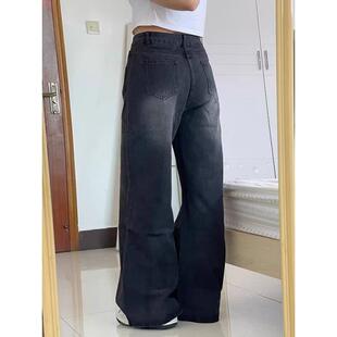 女装 女裤 黑色直筒牛仔裤 高腰显瘦宽松阔腿裤 女2026新款 胖mm大码