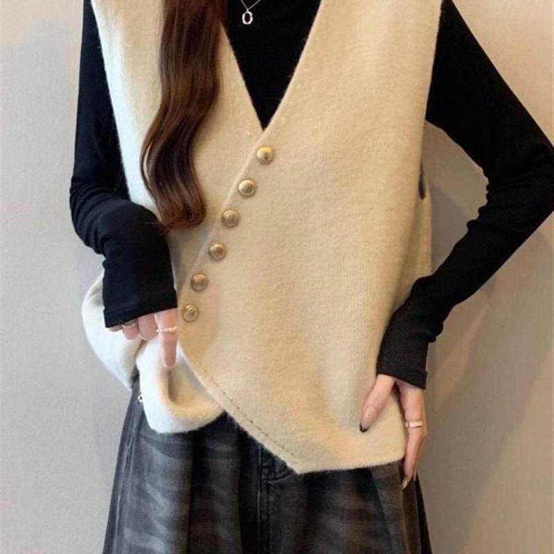 高级感V领针织衫马甲女2026秋新款大码胖mm不规则叠穿背心上衣