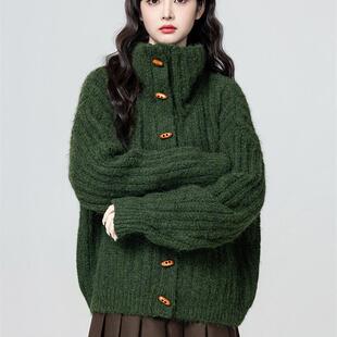 保暖加厚立领针织开衫 新款 上衣 秋2026季 绿色高领毛衣外套女款