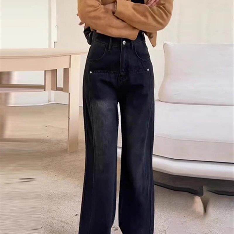 黑灰色阔腿加绒牛仔裤女2026秋新款大码梨型身材高腰显瘦直筒裤