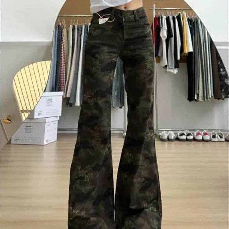 迷彩微喇牛仔裤女低腰显瘦遮肉不贴腿喇叭裤直筒微喇小个子裤子