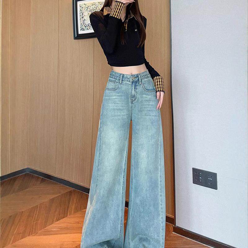 浅色复古阔腿牛仔裤女春秋季2026年新款高腰宽松显瘦拖地直筒裤子