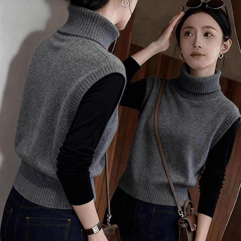韩系穿搭灰色堆堆高领马甲针织衫女秋修身显瘦叠穿背心毛衣上衣