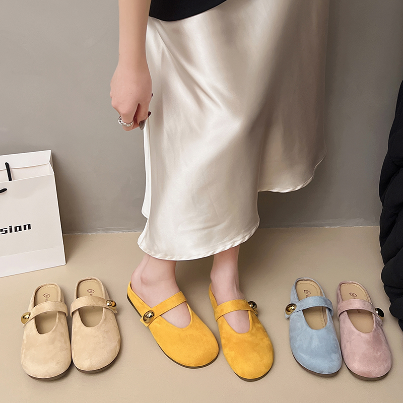 绒面软底小金豆魔术贴浅口透气包头拖鞋